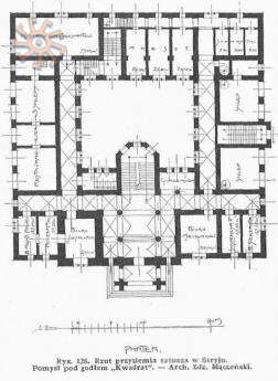 Деталь та план першого поверху проекту ратуші в Стрию "Квадрат" авторства Здіслава Монченського.