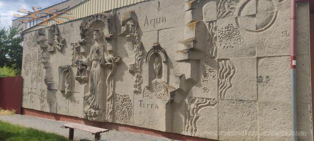 Барельєф із зображенням Гігіеї та чотирьох стихій на стіні аптеки, скульптор О. Янішевський (Нігинське шосе, 32)