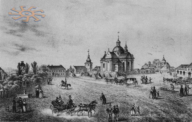 Центр Жовкви: ринок і парафіяльний костел. Літографія К.Ауера, 1837-1838 рр.