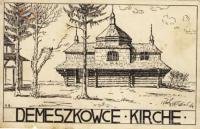 Дерев'яна церква в Демешківцях біля Галича на старій листівці