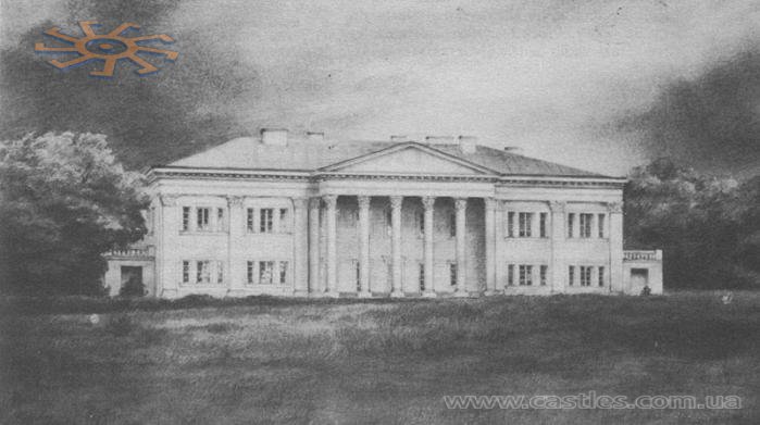Парадний фасад палацу в Бочаниці. Малюнок С.Родзішевського за фотографією.