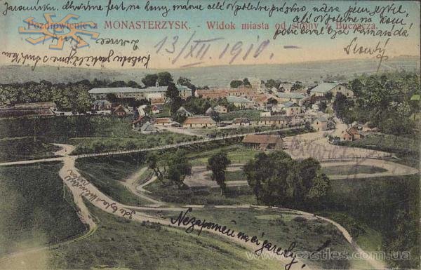 Monasterzyska w 1910r. Монастириська, вид з боку дороги на Бучач