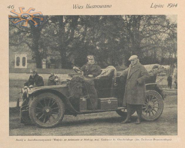 Граф Тадеуш Грохольський у своєму авто повертається з полювання. З польського часопису Wies Ilustrowana за липень 1914 р.