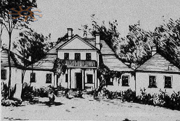 Двір в Зарубинцях. Малюнок за фото Й.Ходасевича. З книги Романа Афтаназі "Dzieje rezydencji na dawnych kresach Rzeczypospolitej", т. 5.